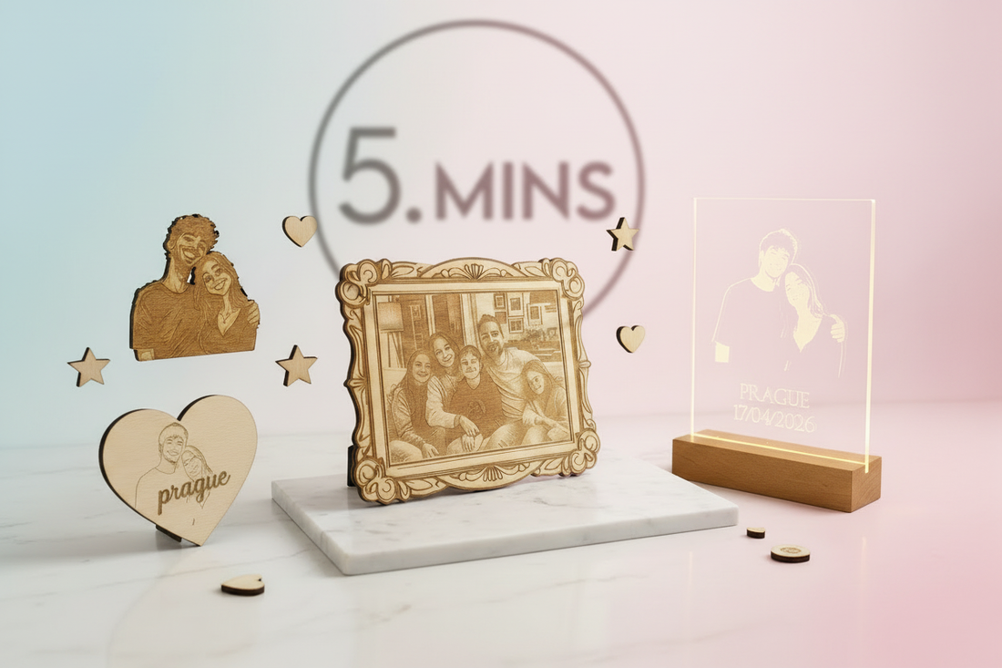 5.MINS premium personalised gifts — laser engraved wooden keepsakes on marble with baby blue and pink tones