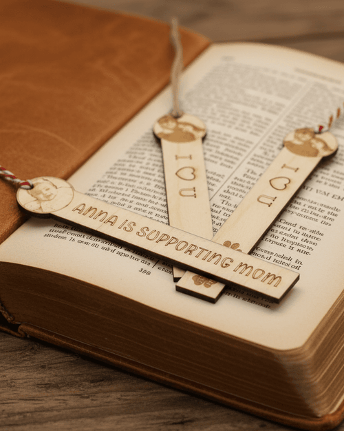 Three Wooden Bookmarks Close-Up in Book